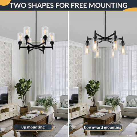 Black Farmhouse Chandelier With Six Clear Glass Shades Hanging Over Dining Table Featuring Sturdy Metal Frame And Sleek Modern Design That Hits Different, showing upward and downward mounting options.