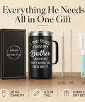 Bro Approved 20oz Stainless Steel Insulated Coffee Mug With Sweet Quote, gift set with straw and brushes, 6.5 in tall.