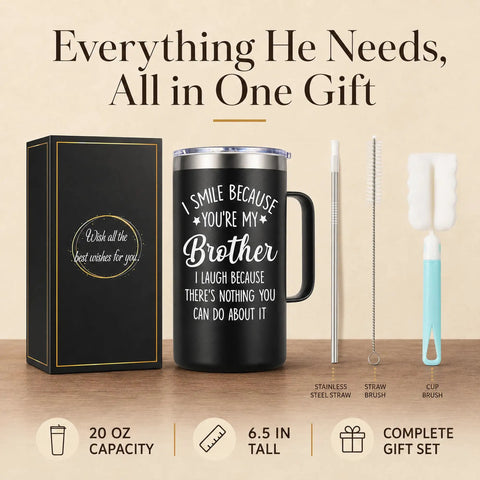 Bro Approved 20oz Stainless Steel Insulated Coffee Mug With Sweet Quote, gift set with straw and brushes, 6.5 in tall.