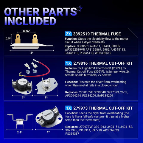 Upgraded Dryer Heating Element Kit With 8544771 Element 3392519 Thermal Fuses And 279973 High Limit Thermostat details
