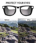 Polarized Clip On For Ray Ban Meta Wayfarer Gen 1 RW4008 And Gen 2 RW4012 Large Smart Glasses showing before and after effect on landscape view
