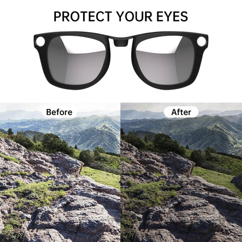 Polarized Clip On For Ray Ban Meta Wayfarer Gen 1 RW4008 And Gen 2 RW4012 Large Smart Glasses showing before and after effect on landscape view