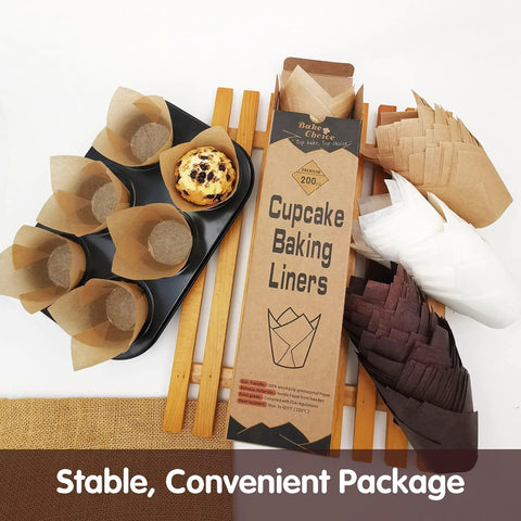 200 Pack Natural Tulip Cupcake Liners Unbleached Baking Cups For Standard Muffin Pans Heavy Duty in a convenient package.