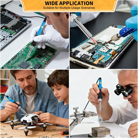 Legit 60W Soldering Iron Kit With Five Durable Replaceable Tips And Reliable Temp Control Dial For Snappy Circuit Fixes And Serious Hand Soldering Projects Today in use for electronics repair.