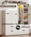 4 Door Armoire Wardrobe With Sliding Barn Doors LED Lighting Drawers And Hanging Rod Freestanding Wooden Closet In Antique White Finish