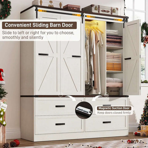 4 Door Armoire Wardrobe With Sliding Barn Doors LED Lighting Drawers And Hanging Rod Freestanding Wooden Closet In Antique White Finish