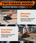 Heavy Duty Rebar Bender And Cutter Tool, 2 In 1 Metal Bending Device showing effortless cutting and free-form bending features.