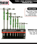 9 Piece Torx T-Handle Spinner Wrench Set with Sliding Grip, T10-T50 Sizes, on steel storage rack for organization and leverage