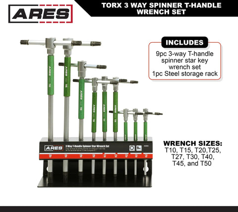 9 Piece Torx T-Handle Spinner Wrench Set with Sliding Grip, T10-T50 Sizes, on steel storage rack for organization and leverage