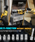 Half Inch Cordless Ratchet Wrench With a Beast Brushless Motor, 100 Nm High Torque, shown with sockets and adapters