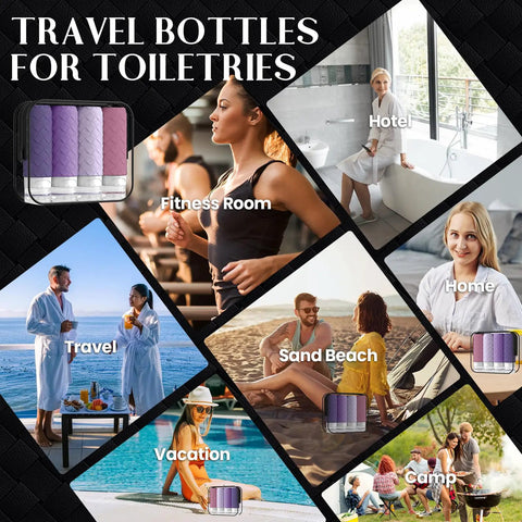 Collage showcasing Must Have Carry On Friendly Travel Bottles For Toiletries Set TSA Approved Silicone Containers in various travel settings.
