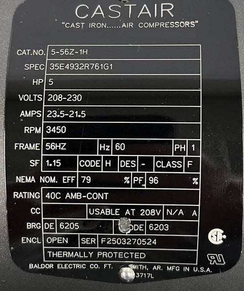 Label details for 5HP Single Phase Electric Motor For Air Compressors 208 230V 3450 RPM Seven Eighths Inch Shaft 1.15 Service Factor Made In USA