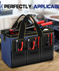 Two Pack Tool Bag Set 14 Inch And 16 Inch Portable Tool Bags With Wide Mouth And Multiple Pockets For Easy Tool Organization In Home Garage DIY Projects Pro Grade Durable Tote For Men And Women, blue-black bag with tools