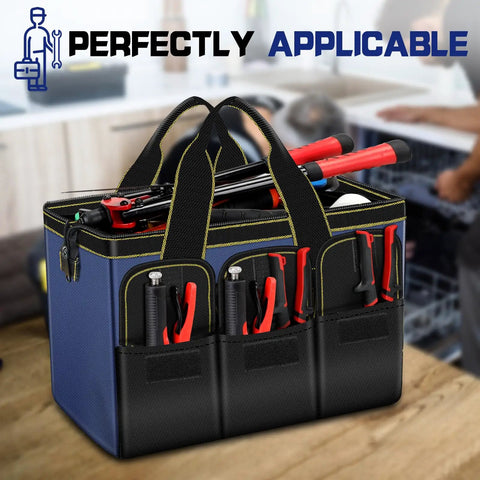 Two Pack Tool Bag Set 14 Inch And 16 Inch Portable Tool Bags With Wide Mouth And Multiple Pockets For Easy Tool Organization In Home Garage DIY Projects Pro Grade Durable Tote For Men And Women, blue-black bag with tools