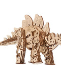 Walking Stegosaurus Wooden 3D Puzzle Kit for Adults, wind-up wooden dinosaur model shown assembled in side view