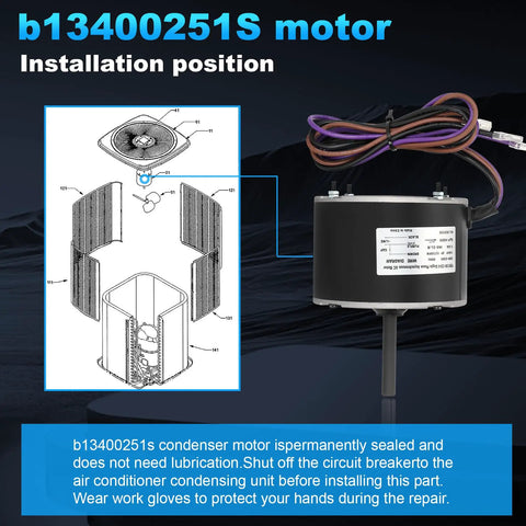 Diagram showing installation position of 1/6 HP Condenser Fan Motor Replacement Plug And Play Direct Fit Replaces B13400251S