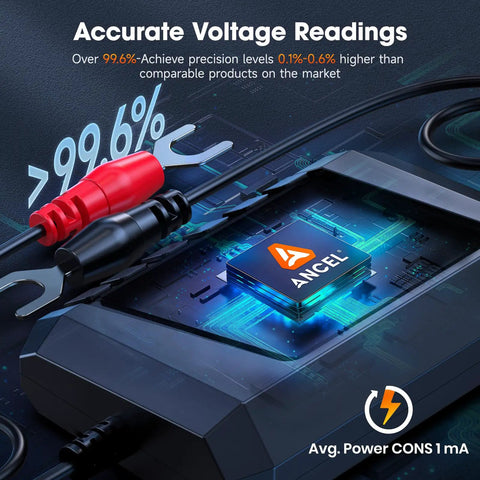 Universal Bluetooth Battery Monitor For 6V 12V 24V Rides displays accurate voltage readings with red and black clips on electronic circuit board.