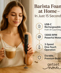 Person using Rechargeable Milk Frother And Coffee Whisk With Dual Spring Tech, Whisper Quiet, Long Lasting Battery