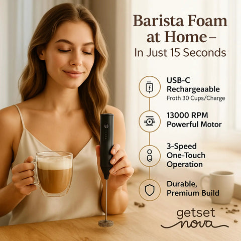 Person using Rechargeable Milk Frother And Coffee Whisk With Dual Spring Tech, Whisper Quiet, Long Lasting Battery