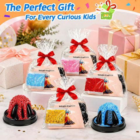 Colorful Volcano Eruption Science Kit For Kids 24 Pack STEM Experiments with wrapped gift bags and miniature volcanos.
