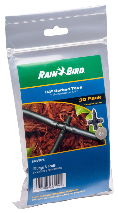 Packaging of Universal 1/4 Inch Barbed Tee Fitting For Drip Irrigation in earth tone color, durable 30 pack kit.