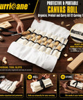 Top Tier 12 Piece Wood Carving Chisel Set With Rock Hard 60CrV Steel Blades And Smooth Ash Wood Grips displayed in a canvas roll storage pouch.