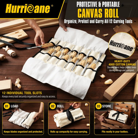 Top Tier 12 Piece Wood Carving Chisel Set With Rock Hard 60CrV Steel Blades And Smooth Ash Wood Grips displayed in a canvas roll storage pouch.