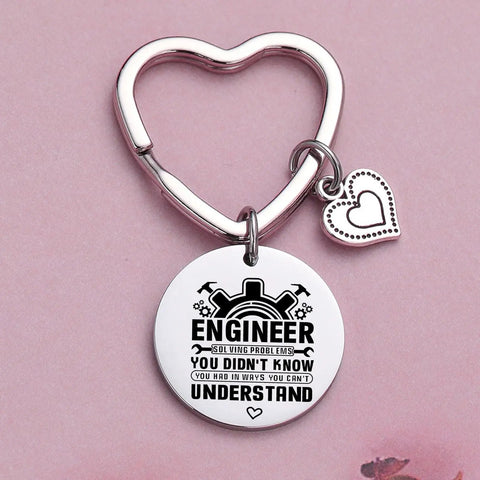 Cool Engineers Gift Keychain For Engineers And Students Stainless Steel 316L with heart and charm design on pink background