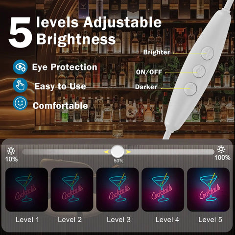 Neon Bar Sign For Home Bar And Man Cave dimmer switch illustration with cocktail level brightness display and text.