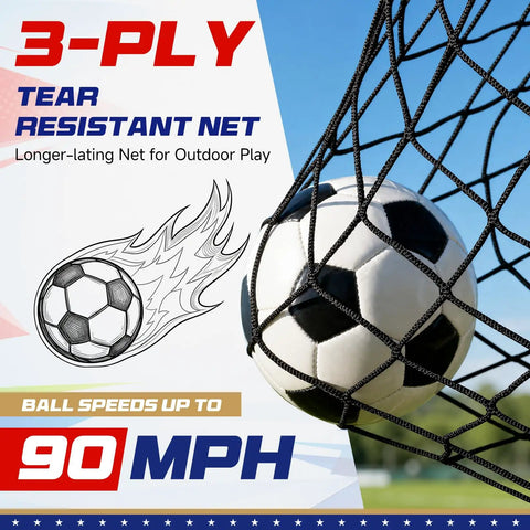 Close-up of soccer ball hitting three-ply net, part of Two Pack Easy Fold Pop Up Kids Soccer Goals For Backyard Play with Net Size 3 Soccer Ball Pump 10 Training Cones Ground Stakes And Carry Bag Portable Outdoor Soccer Training Kit For Toddlers And Kids.