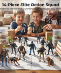 12 Piece Elite Army Men Action Figures Set With Working Military Dogs And Weapons Accessories For Kids Realistic Poseable Soldiers Totally Battle Ready Kid Friendly Stocking Stuffers Birthday Gifts scene with children playing indoors.