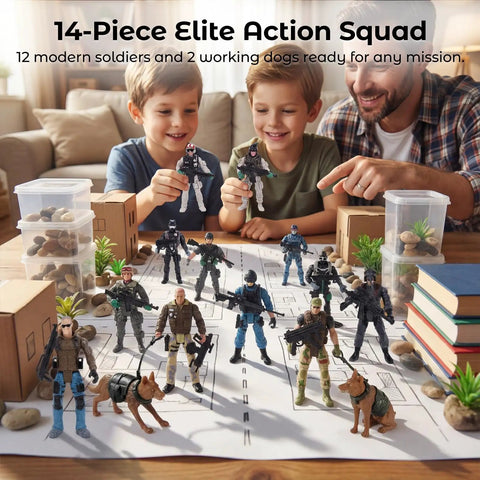 12 Piece Elite Army Men Action Figures Set With Working Military Dogs And Weapons Accessories For Kids Realistic Poseable Soldiers Totally Battle Ready Kid Friendly Stocking Stuffers Birthday Gifts scene with children playing indoors.