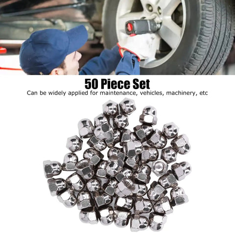 Premium 50 Pcs Stainless Steel Cap Nut Set With #7 Hex Dome Fasteners For Vehicle Maintenance Repair And Machine Equipment Build Projects Featuring Durable M8 M10 And M12 Sizes on car wheel