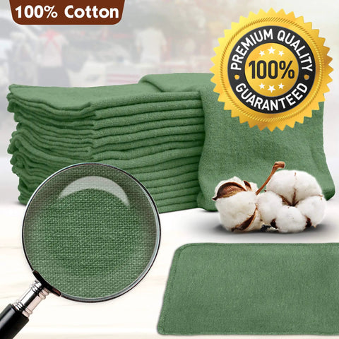 Real Deal 100 Percent Cotton Shop Rags 14X14 Inch Lint Free Bulk 25 Pack Auto Mechanic Garage Cleanup Towels, green cotton rags stack.