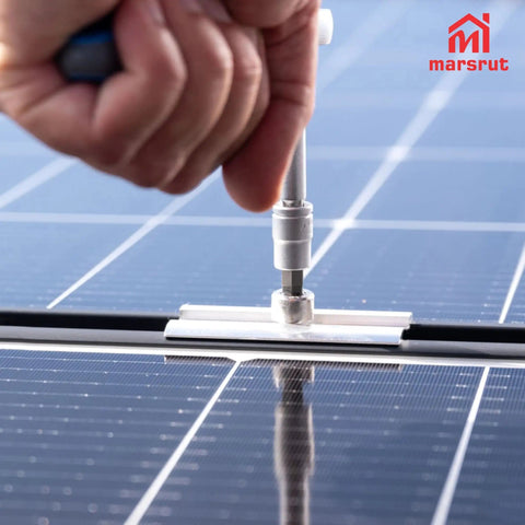 Hand installing 20 Piece Aluminum Solar Panel Clamps For Unistrut Mounting System with bolt on solar panel