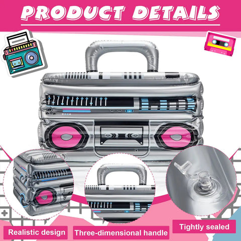 Inflatable Boom Box Beverage Cooler For Retro 80s 90s Parties, front view showing details and handle.