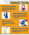 Upgraded Snatch Block With Chain Four Ton WLL Built Tough Heavy Duty Pulley For One Half Inch Wire Ropes Towing And Recovery Rollback Wrecker Car Carrier Tow Truck Accessories, blue steel pulley with rotating shackle and chain