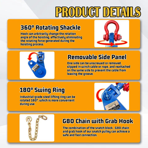 Upgraded Snatch Block With Chain Four Ton WLL Built Tough Heavy Duty Pulley For One Half Inch Wire Ropes Towing And Recovery Rollback Wrecker Car Carrier Tow Truck Accessories, blue steel pulley with rotating shackle and chain