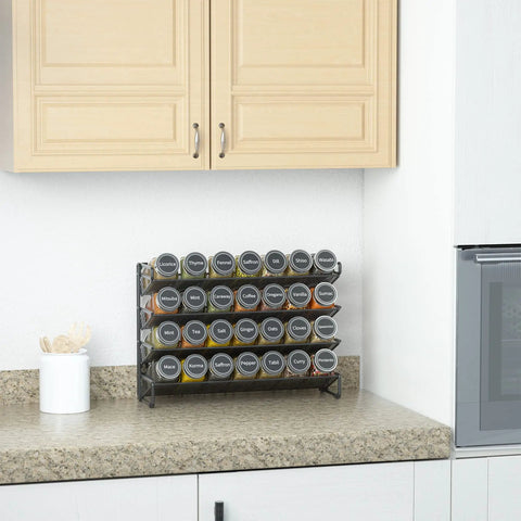 No Sweat Pantry Setup Four Tier Spice Rack Organizer With 28 Square Glass Jars And Complete Label Kit Funnel Set For Cabinet Wall Mount Black Steel Kitchen Storage on countertop.