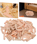 Wooden Dowel Pins M8x30mm For Furniture Assembly shown with woodworking setup and pile of beige dowels.