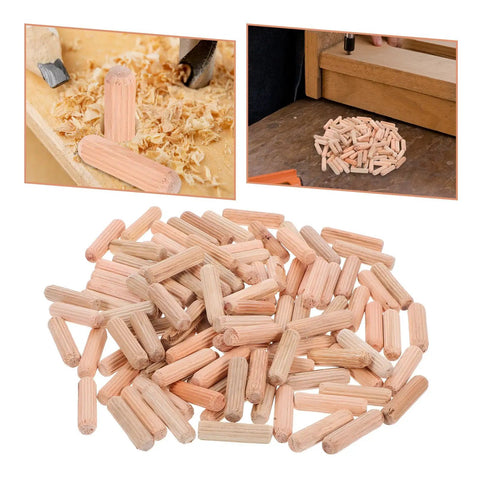 Wooden Dowel Pins M8x30mm For Furniture Assembly shown with woodworking setup and pile of beige dowels.