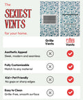 Comparison of features for grille and filter vents with aesthetic appeal, customization, safety, and cleaning advantages highlighted