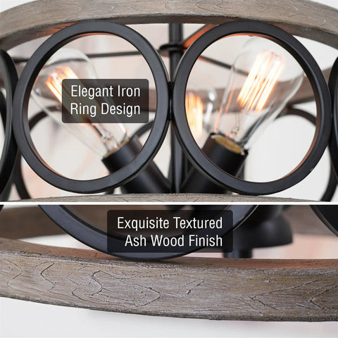 Close-up of Larkin 15-Inch 3-Light Modern Farmhouse Semi Flush Mount Ceiling Light with iron ring and ash wood finish