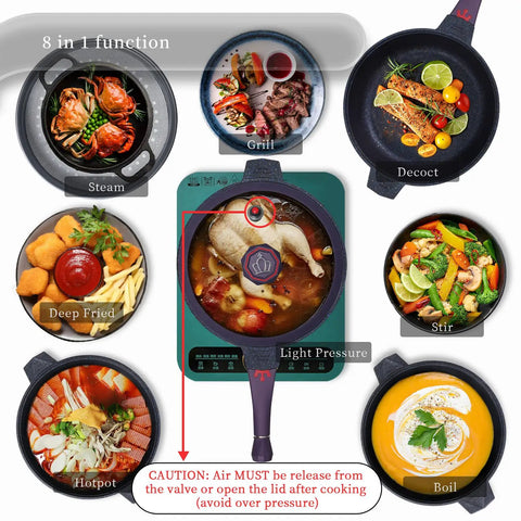 11 Inch Nonstick Frying Pan With Lid And Steamer Capable One Pan 8 In 1 Multipurpose Cookware shown in various cooking modes