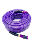 Badass Heavy Duty 100 Ft 1/4 Inch Reinforced Polyurethane Air Hose With Flexible Lightweight Build Featuring Swivel Quick Coupler Plug Plus Bend Guard For Shop Setup in purple.