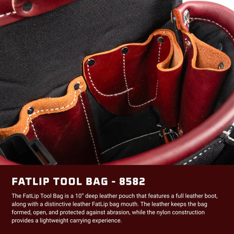 Close-up inside FatLip Leather Tool Bag with 13 pockets, showing durable structure and leather boot for tool organization.