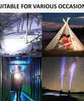 Beast Mode 90,000 Lumens Rechargeable LED Flashlight in forest, camping, hallway, and night sky scenarios