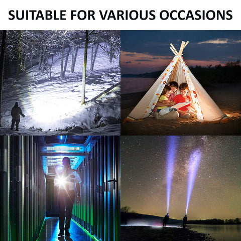 Beast Mode 90,000 Lumens Rechargeable LED Flashlight in forest, camping, hallway, and night sky scenarios
