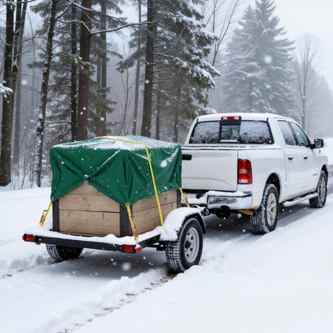 Truck towing a snow-covered trailer secured with Six Pack 2 Inch By 15 Foot Heavy Duty Ratchet Straps With Double J Hooks