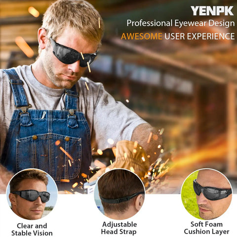 Snag These Hella Clear Anti Fog Safety Glasses With Thick Foam Cushion And Secure Strap Plus Durable Pouch Two Pack on a user during use.